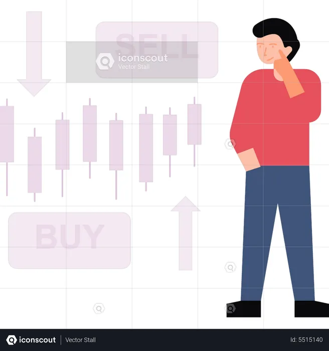 Man thinks about buying and selling stock market  Illustration