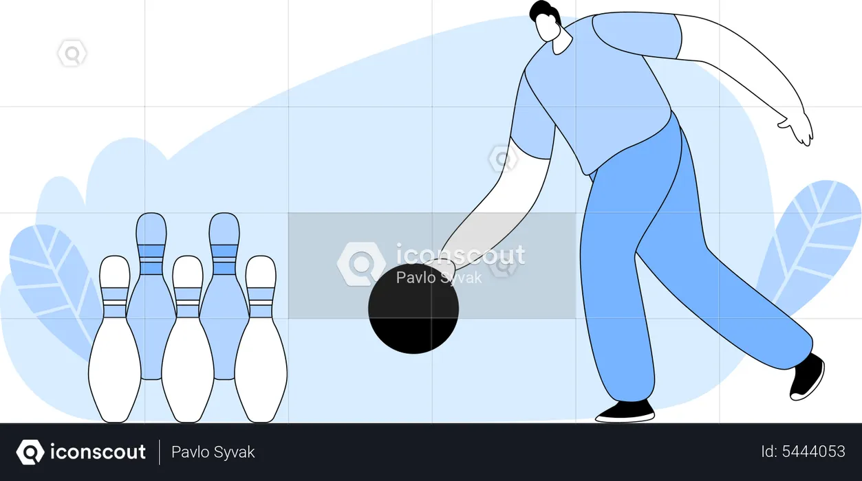 Man Throw Ball on Alley with Pins  Illustration