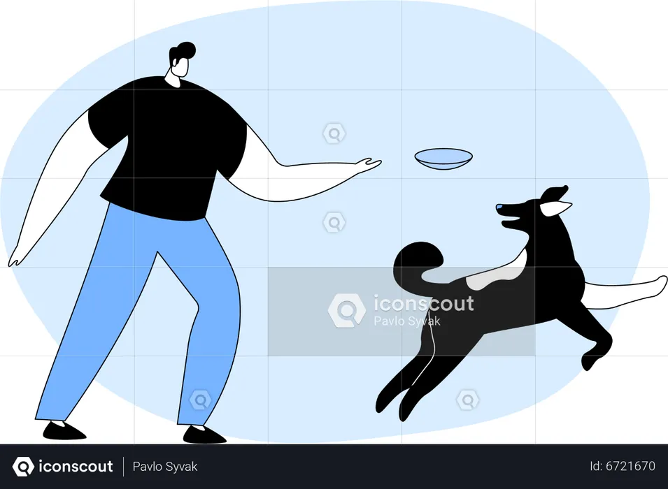 Man throw flying disk while playing with pet  Illustration