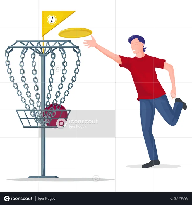 Man throwing a frisbee disc to the basket  Illustration