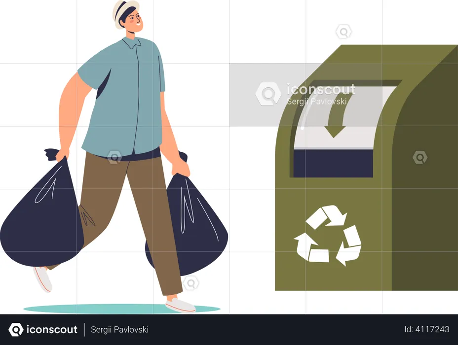 Man throwing bags of clothes in recycling container  Illustration
