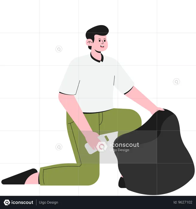 Man Throwing Bottles Into Plastic Trash Bags  Illustration