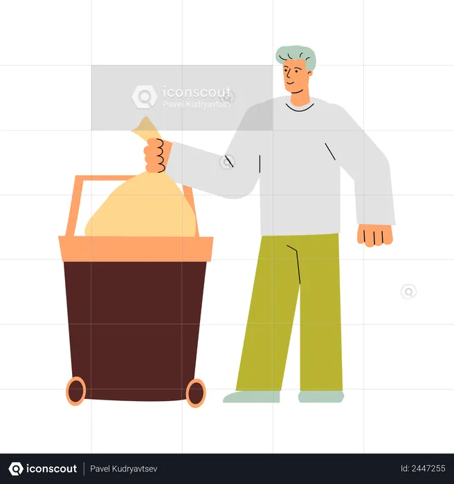 Man throwing clean trash bag in garbage container  Illustration