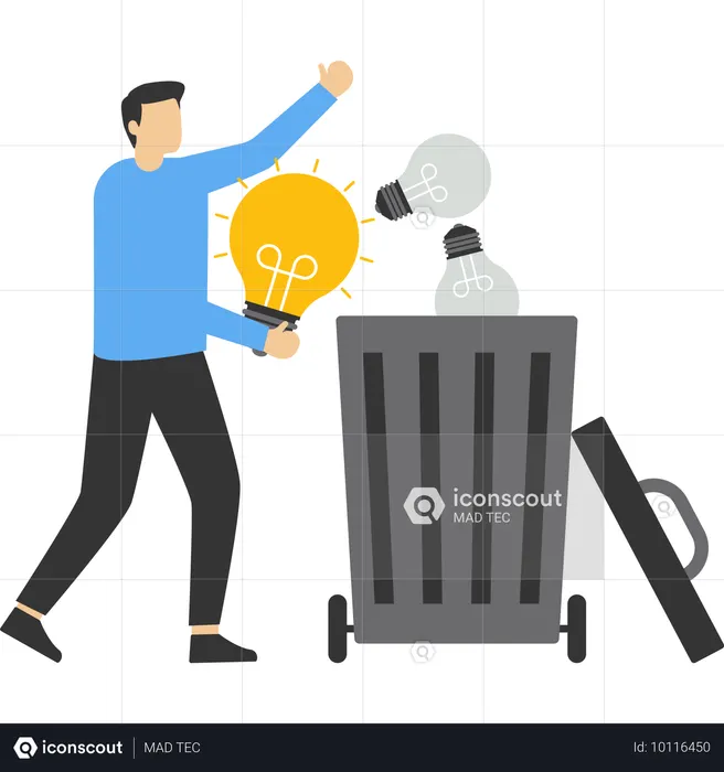 Man throwing out old idea of light bulbs  Illustration