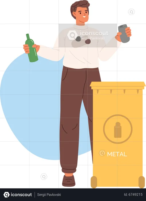 Man throwing sorted metal waste in litter container  Illustration