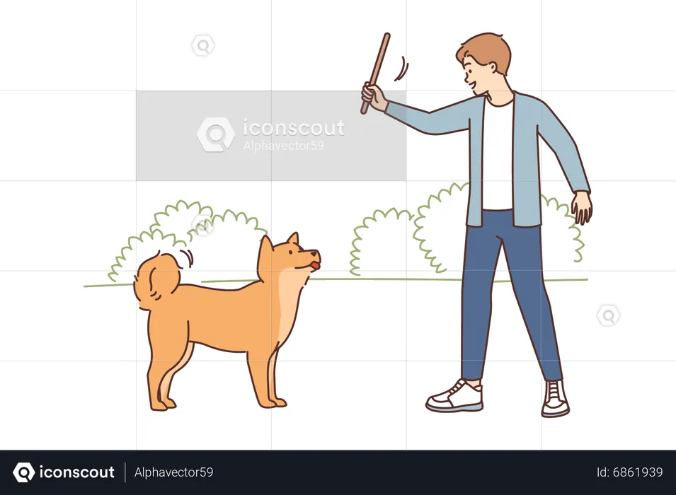 Man throwing stick to play with dog  Illustration