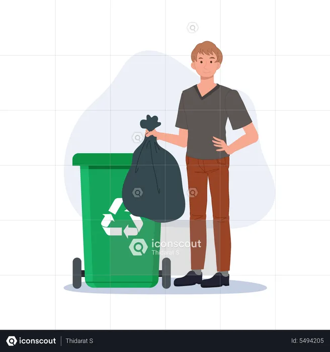 Man throws away trash into green trash bin with recycling symbol  Illustration