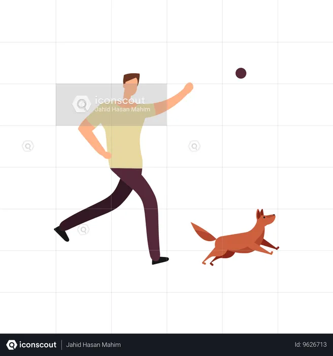 Man throws ball in garden and dog runs for it  Illustration