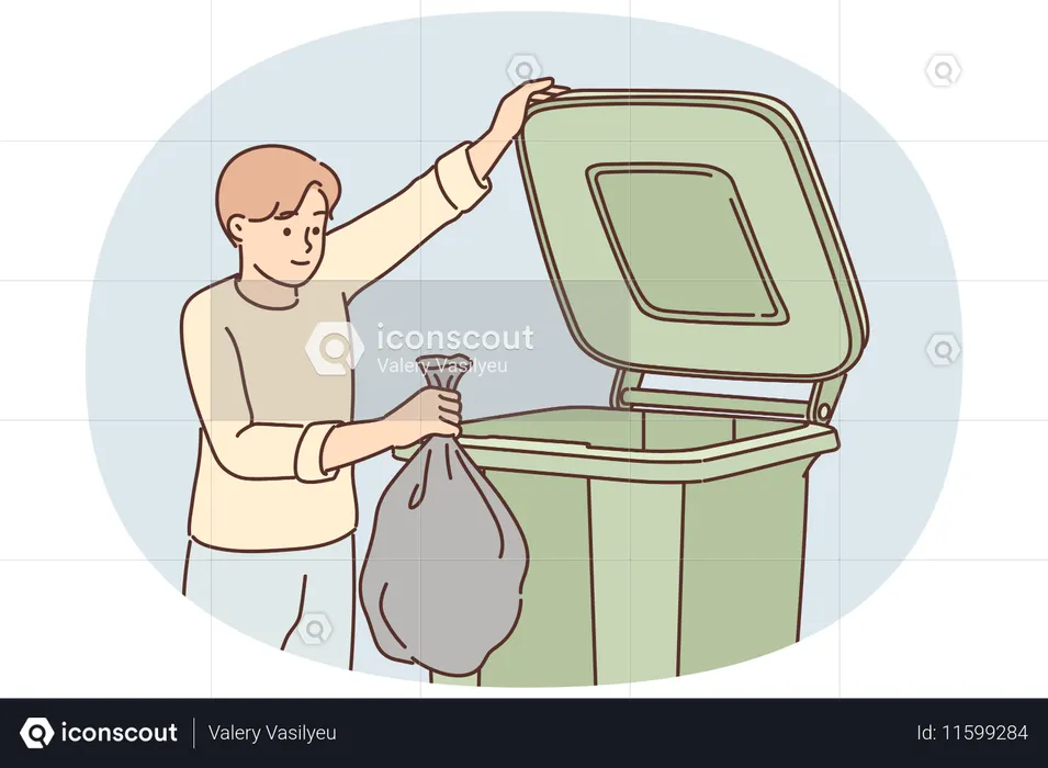 Man throws garbage into large container for concept of overabundance of garbage on planet  Illustration