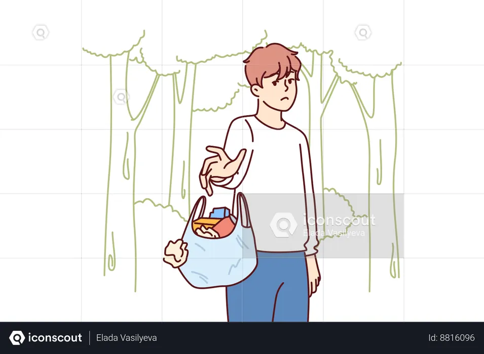 Man throws out bag of garbage in wrong place  Illustration