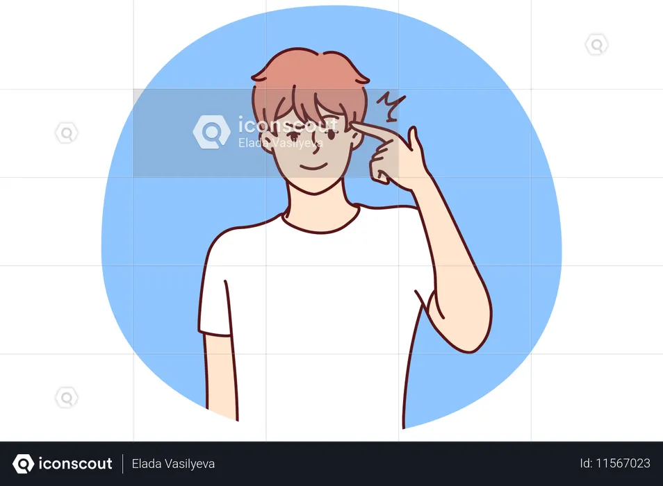 남자가 중요한 아이디어가 있다는 것을 보여주고 싶어 손가락으로 관자놀이를 만진다  일러스트레이션