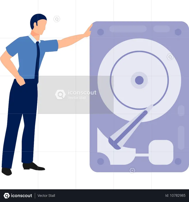 Man touching compact disk  Illustration