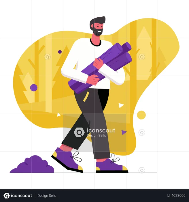 Man tourist carrying firewood for campfire  Illustration