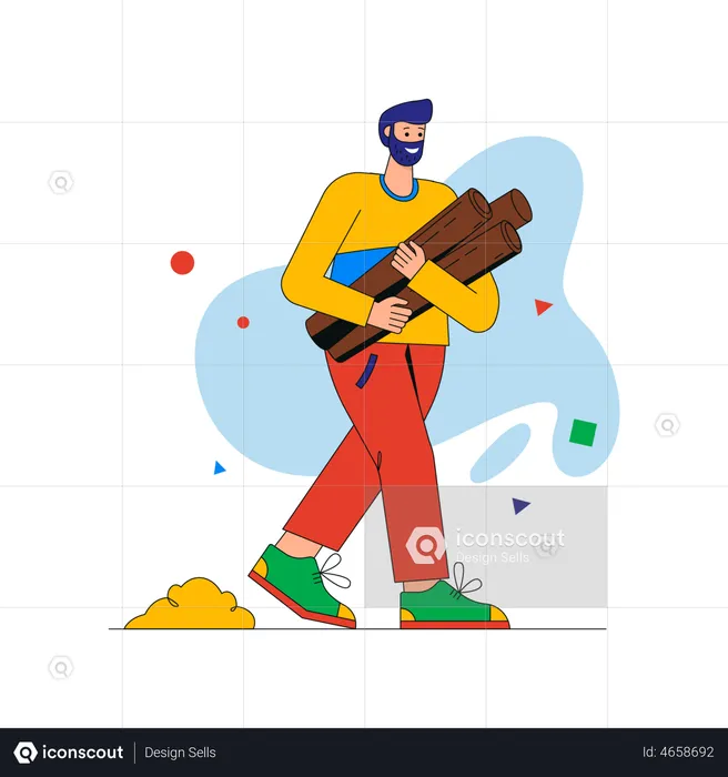 Man tourist carrying firewood for campfire  Illustration