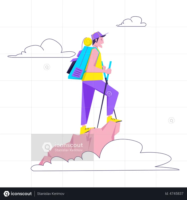 Man tourist climbed to the top of mountain  Illustration