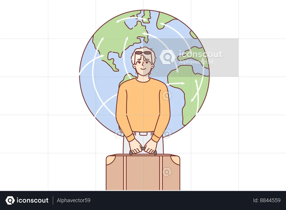 Man tourist holds travel suitcase and prepares for departure standing near planet earth  Illustration