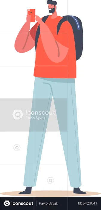 Man Tourist With Shooting Sightseeing In Foreign Trip On Smartphone Camera  Illustration