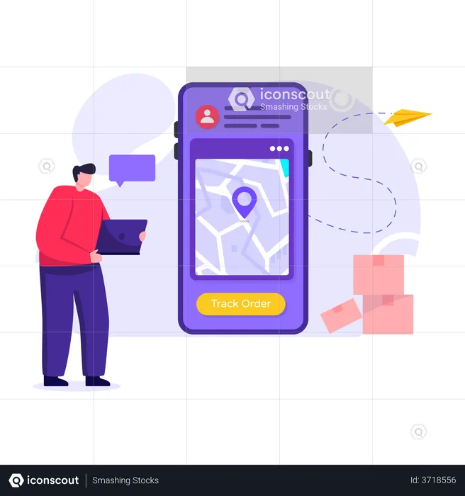 Man tracking delivery using smartphone application  Illustration