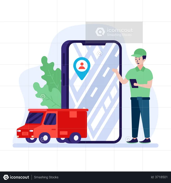 Man tracking shipment through mobile application  Illustration