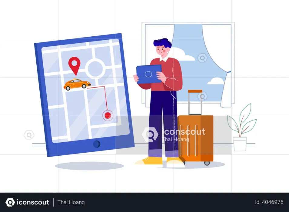 Man Tracking Taxi  Illustration