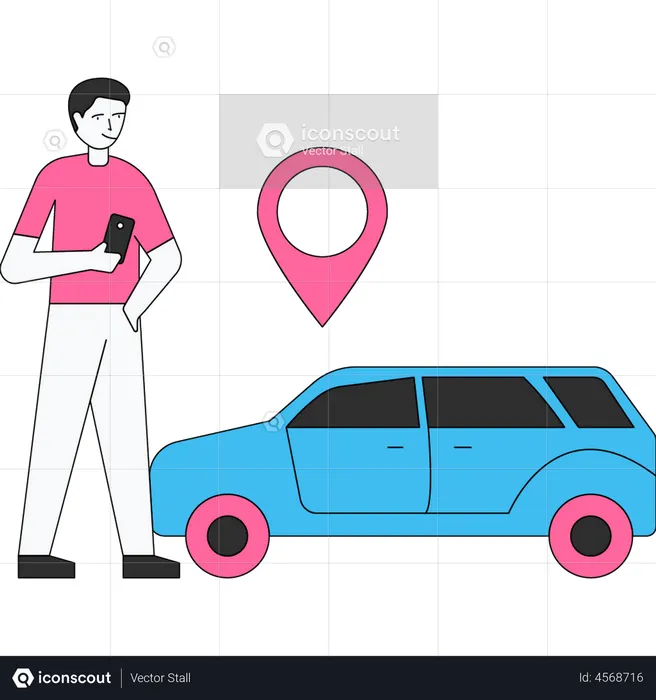 Man tracking taxi location via app  Illustration