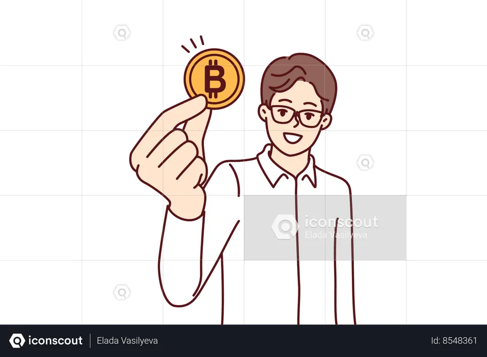 Man trader with bitcoin coin calls for mining  Illustration