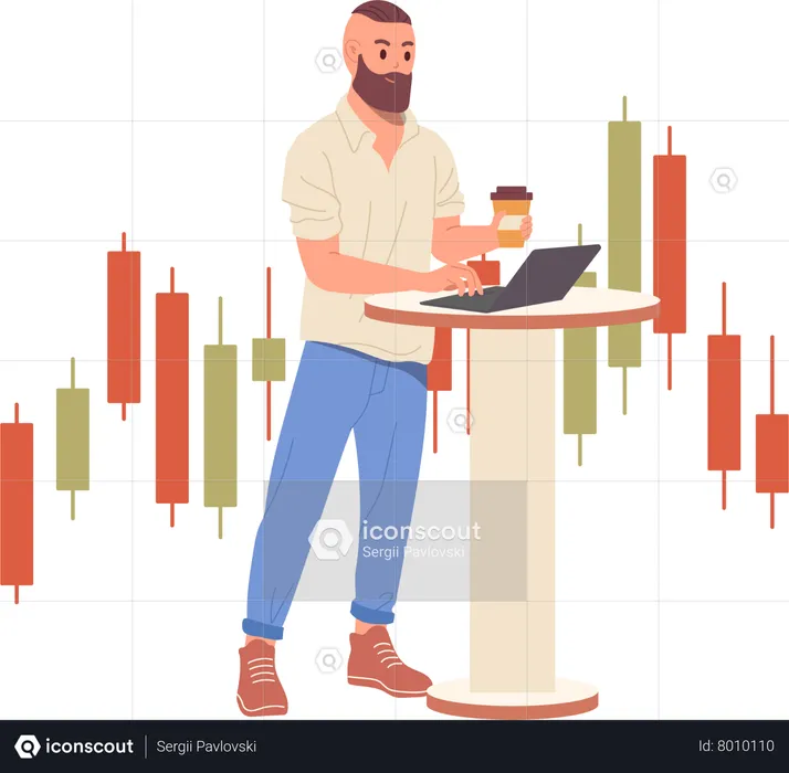 Man trader working on laptop computer analyzing data doing financial stock market research  Illustration