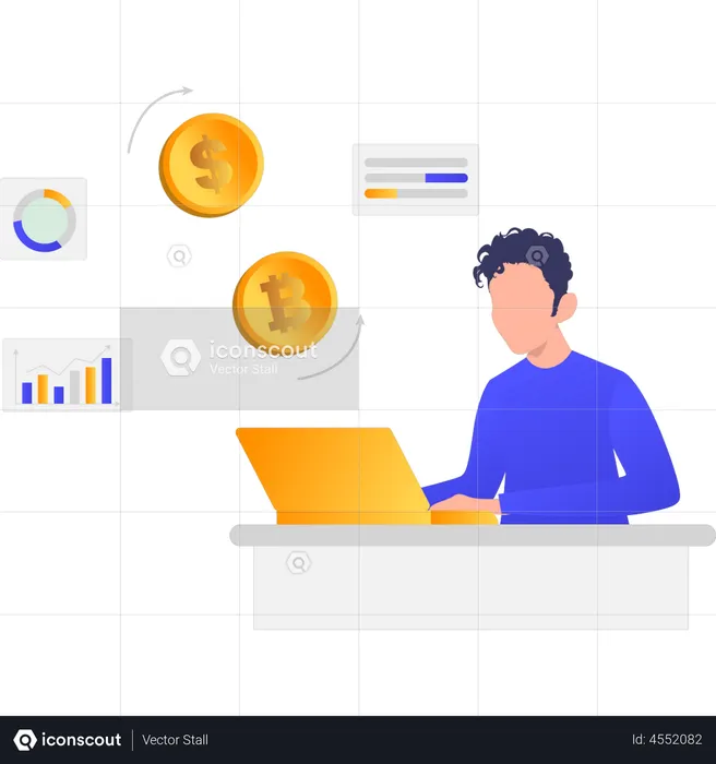 Man trading bitcoin on laptop  Illustration