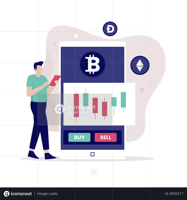 Man trading Cryptocurrency using mobile exchange  Illustration