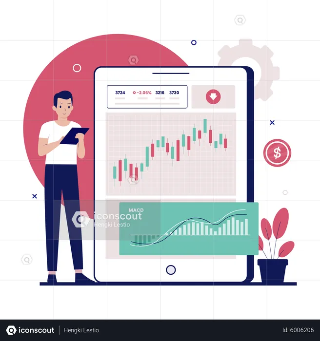Man trading online using technical analysis  Illustration