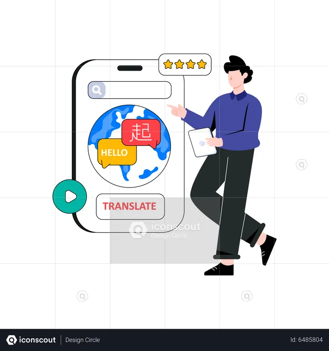 Homem traduz idioma global usando aplicativo  Ilustração