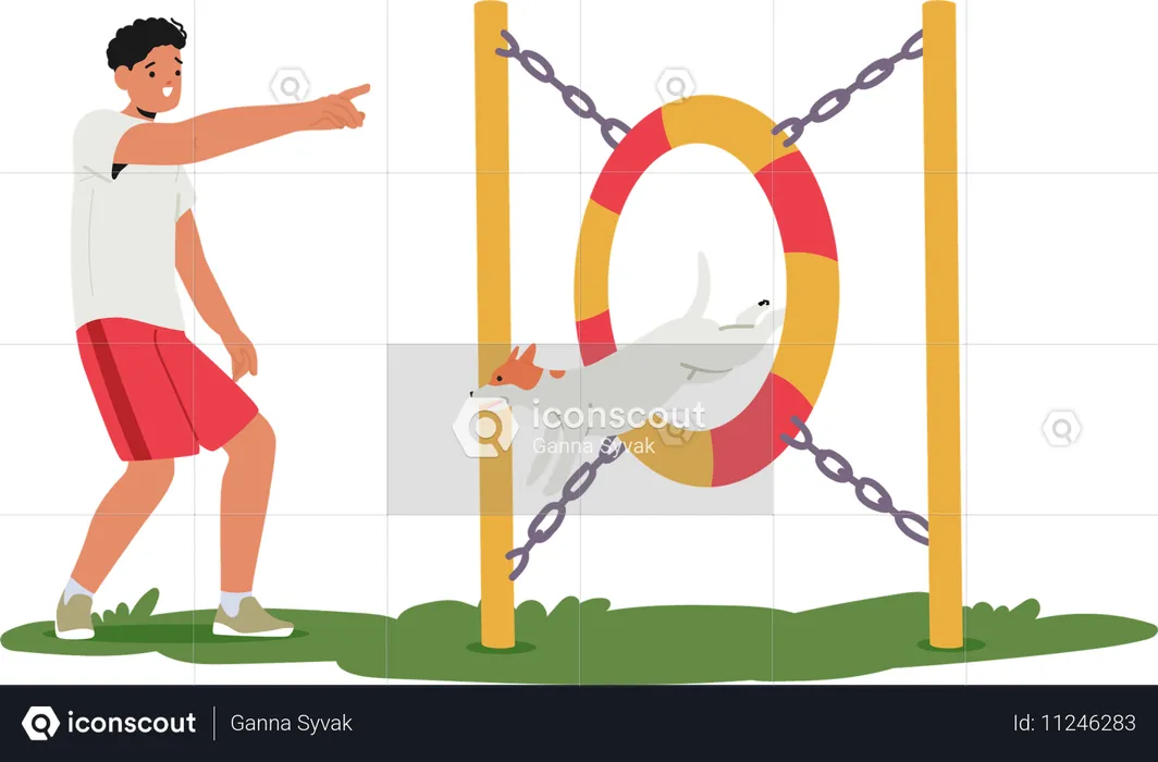 Man training dog to jump through hoop  Illustration