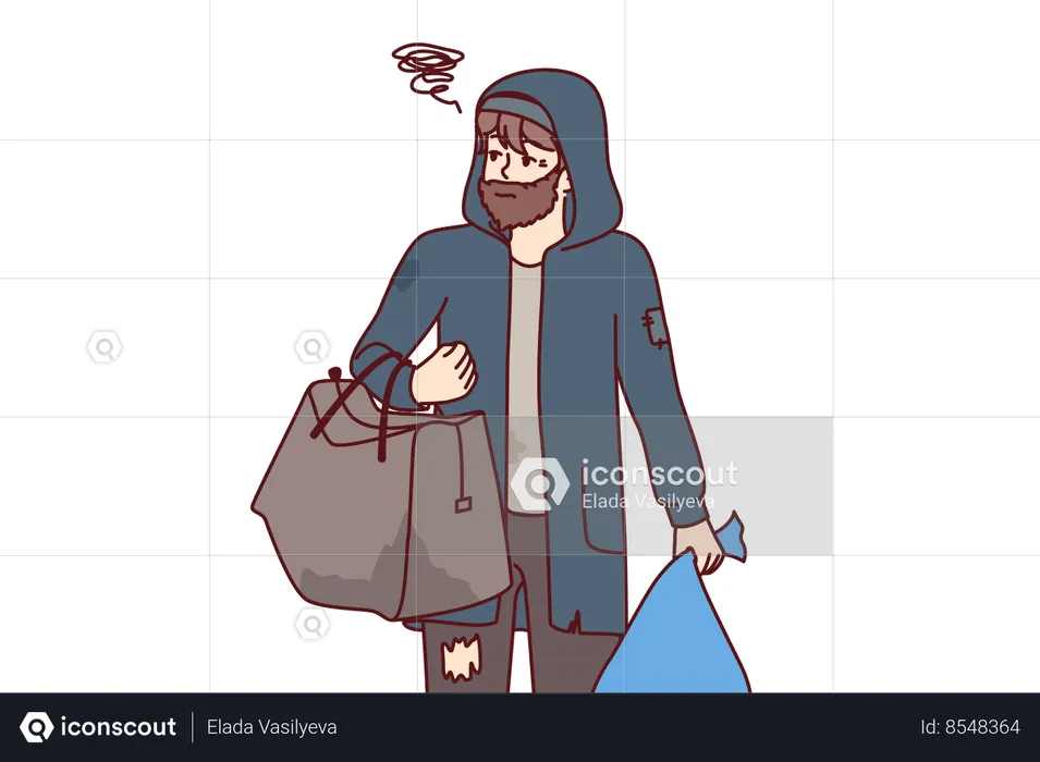 Man tramp with bag walks city streets in search of shelter  Illustration