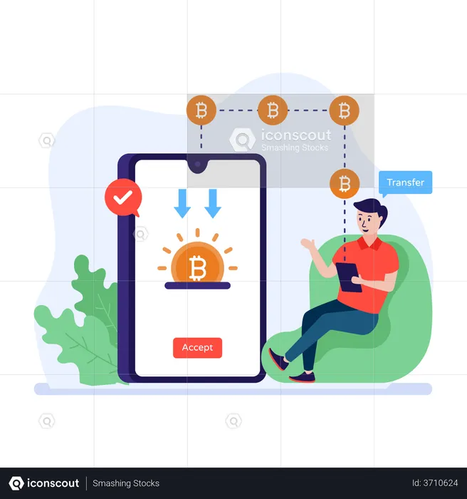 Man transfering bitcoin using application  Illustration
