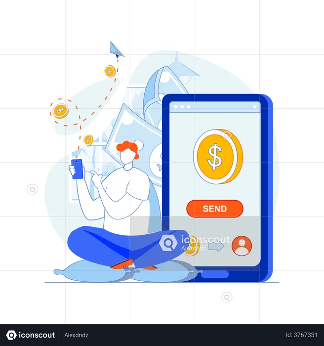 Man transferring money through mobile app  Illustration