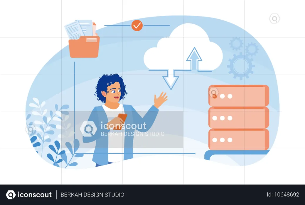 Man Transfers Data From Cell Phone To Computer and Use Software Applications To Store Data  Illustration