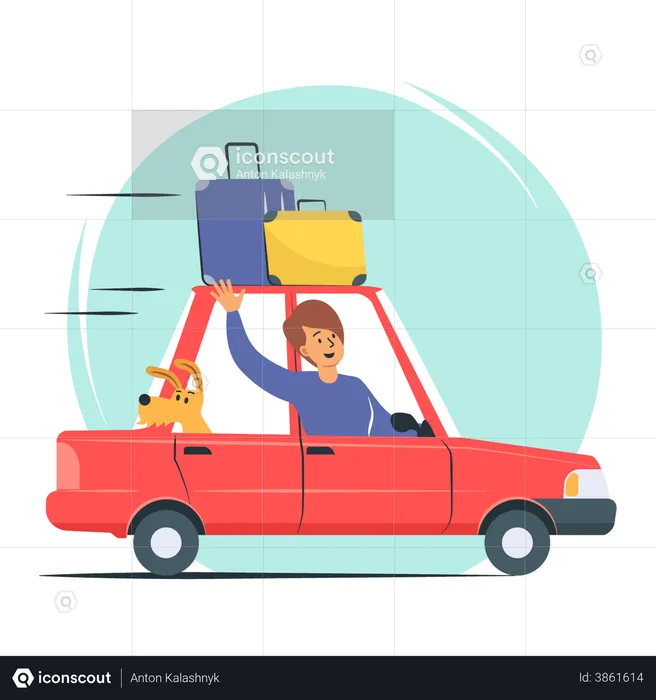 Man Travel By Car on Road with Luggage  Illustration