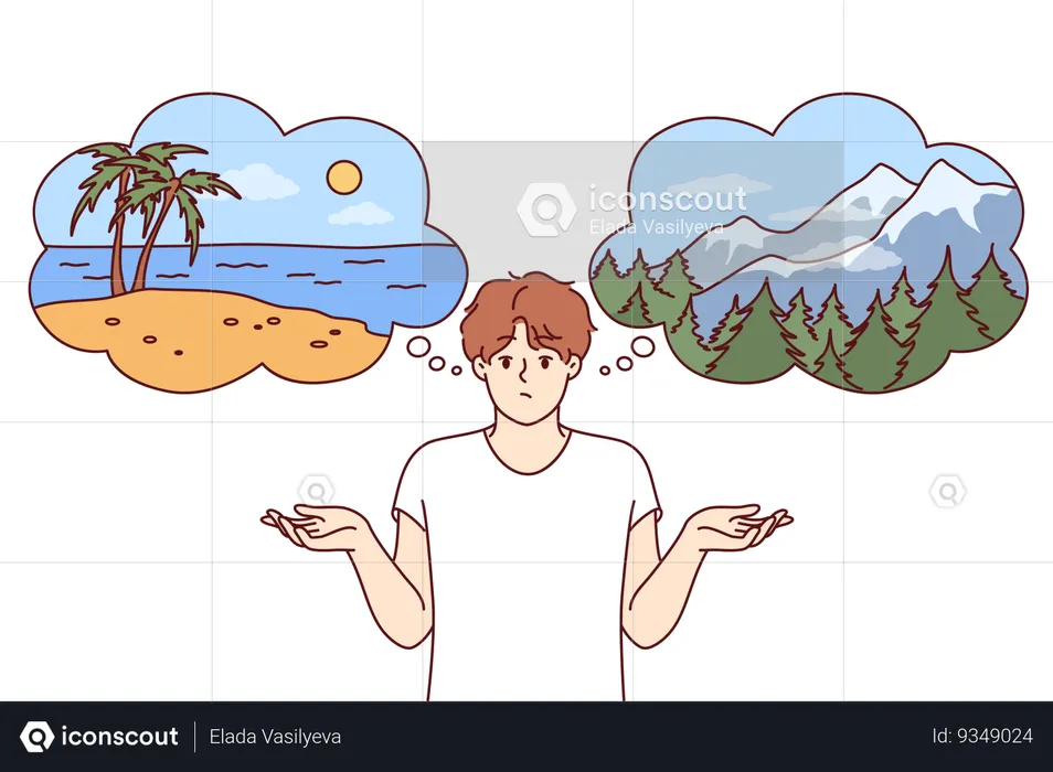 Man traveler chooses place for summer vacation between beach and mountains  Illustration