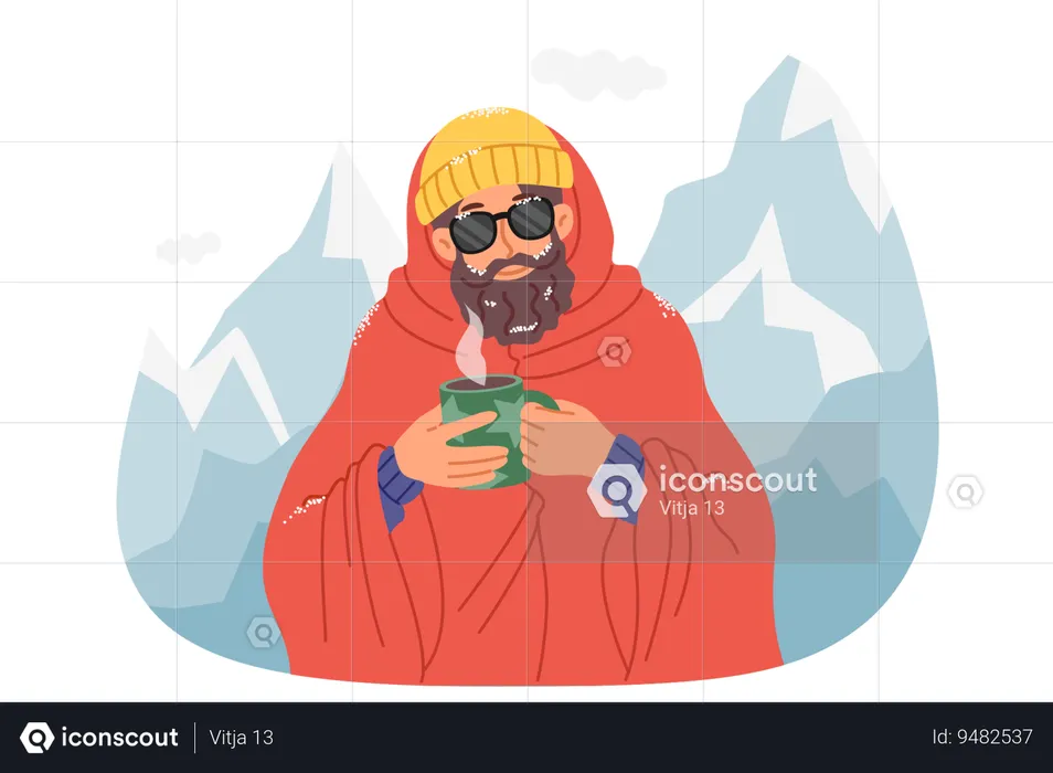 Man traveler drinks hot coffee standing among snow-capped mountains after climbing to top  Illustration