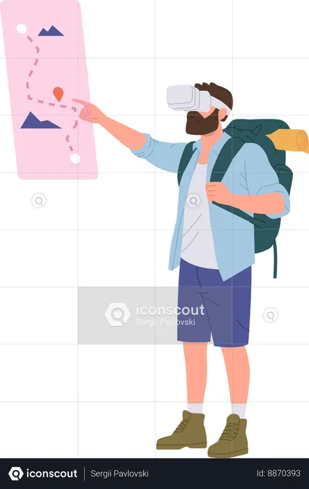 Man traveler wearing vr glasses enjoying trip in augment reality  Illustration