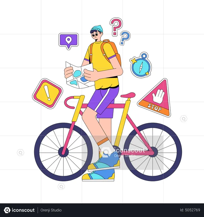 Man traveling by bicycle looking at map  Illustration