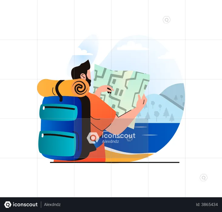 Man travelling to destination using help of map  Illustration