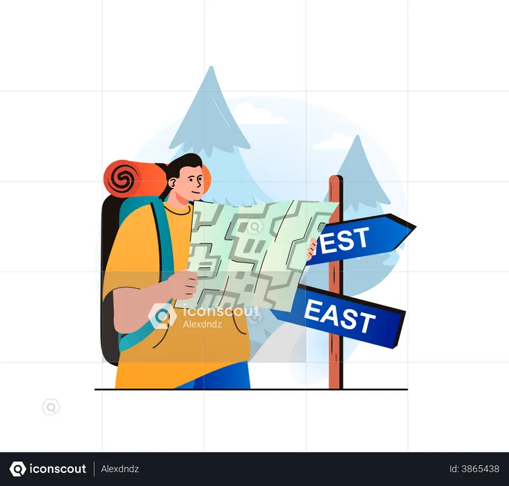 Man travelling towards west direction  Illustration