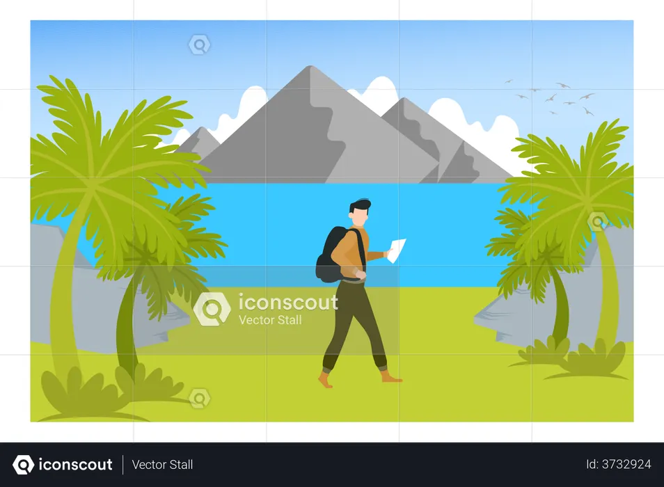 Man Trekking At A Hill Station  Illustration
