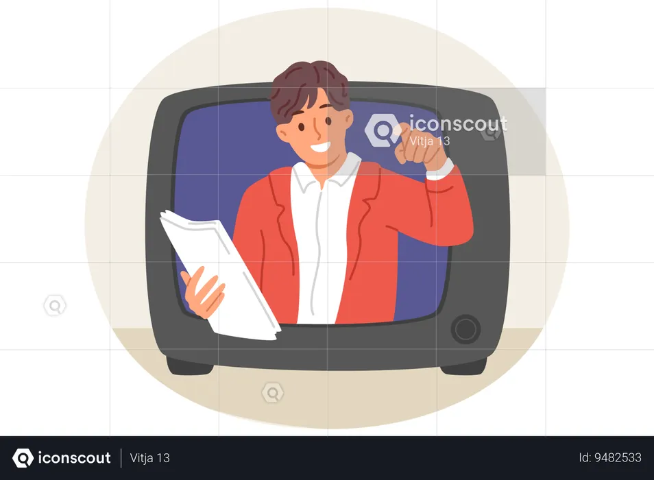 Man TV show announcer looks out of retro tv recommending to buy advertised product  Illustration