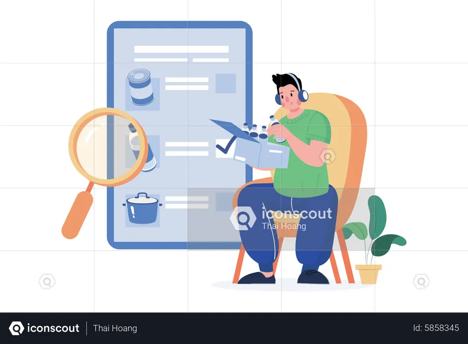 Man unpacking post-delivery with a magnifying glass  Illustration