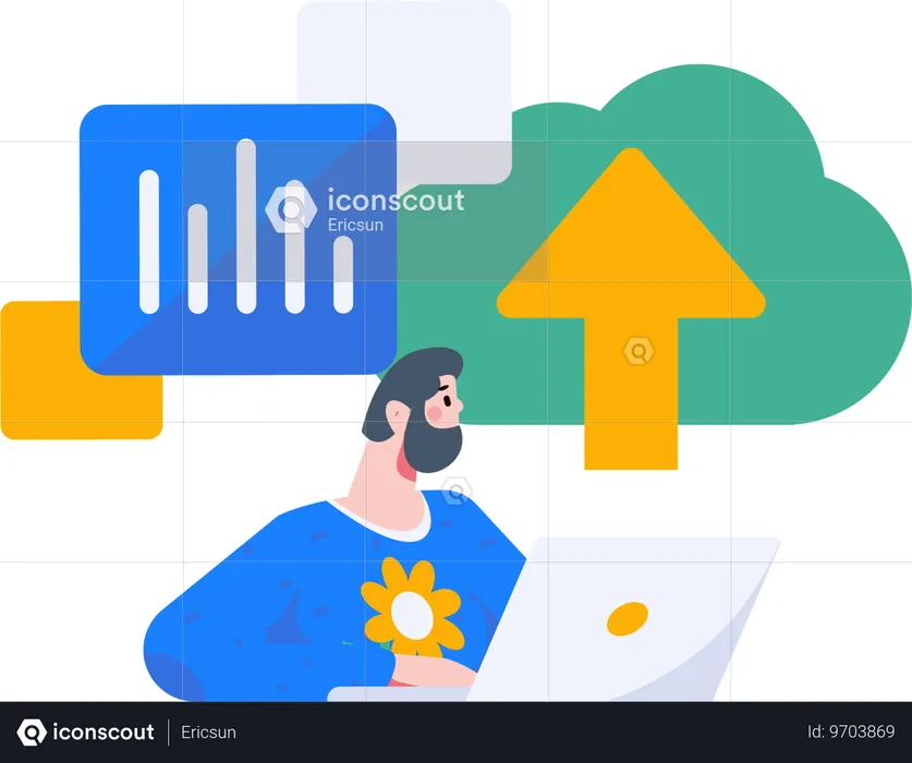 Man uploading cloud data  Illustration