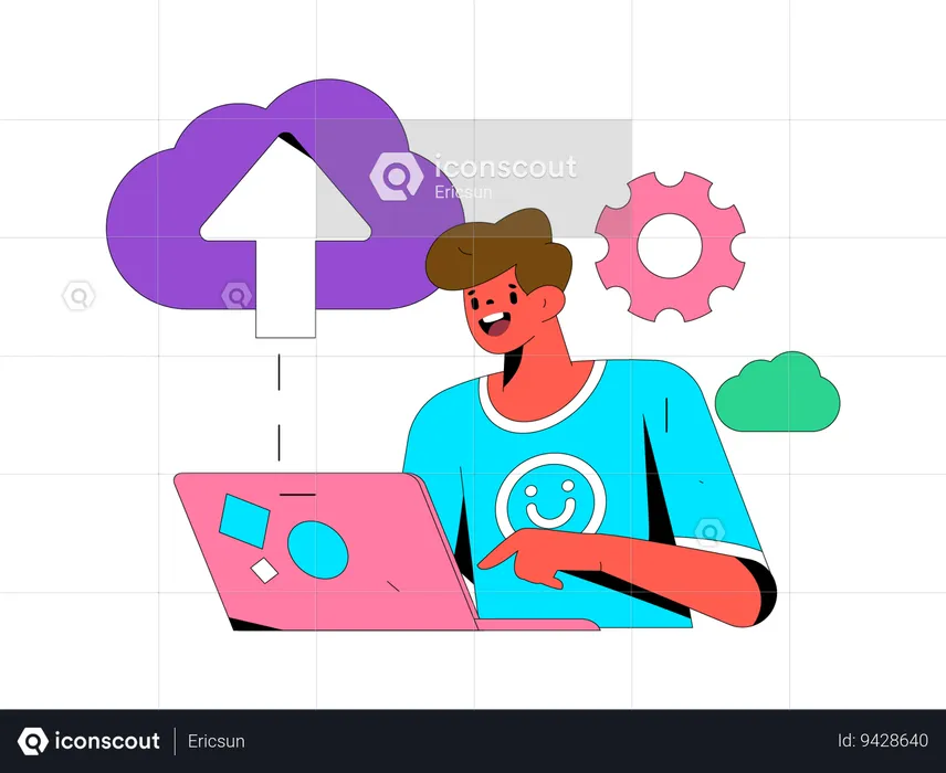 Man uploading cloud data on laptop  Illustration