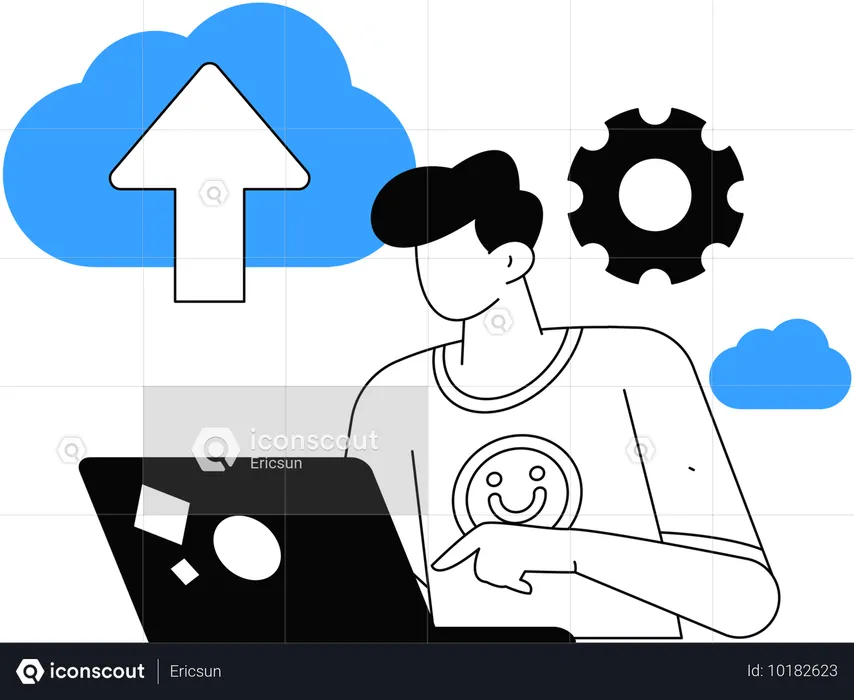 クラウドにデータをアップロードする男性  イラスト