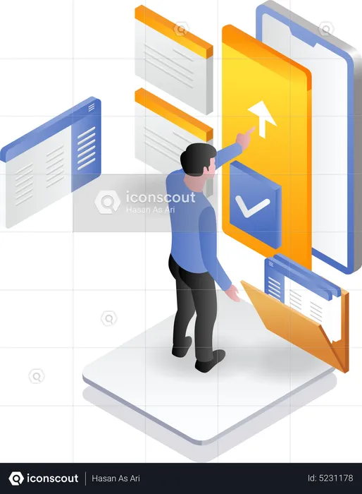 Man uploading data on cloud  Illustration